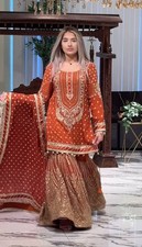 Fashionable Heavy Faux Georgette Top Palazzo And Orange Dupatta For Ethnic Wear