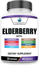 Elderberry Extract Quercetin,Vitamin C,D3,Ginger,Turmeric,60 Capsules,30 Serving