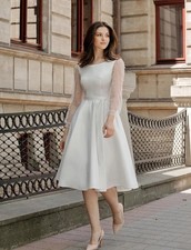 Elegant Wedding Dress A-line Pearl Long Sleeve Tea-Length Satin Bridal Gown
