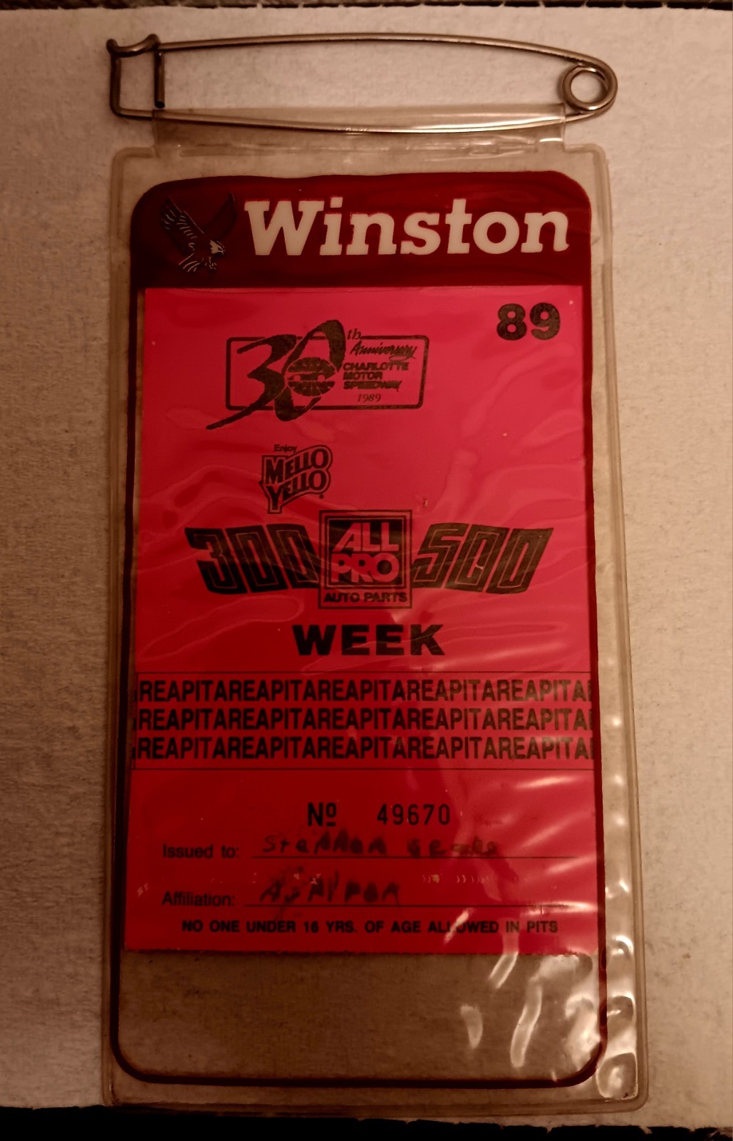 Darrell Waltrip #17 NASCAR Signed Winston Pit Pass Charlotte Speedway 1989 WOW!!