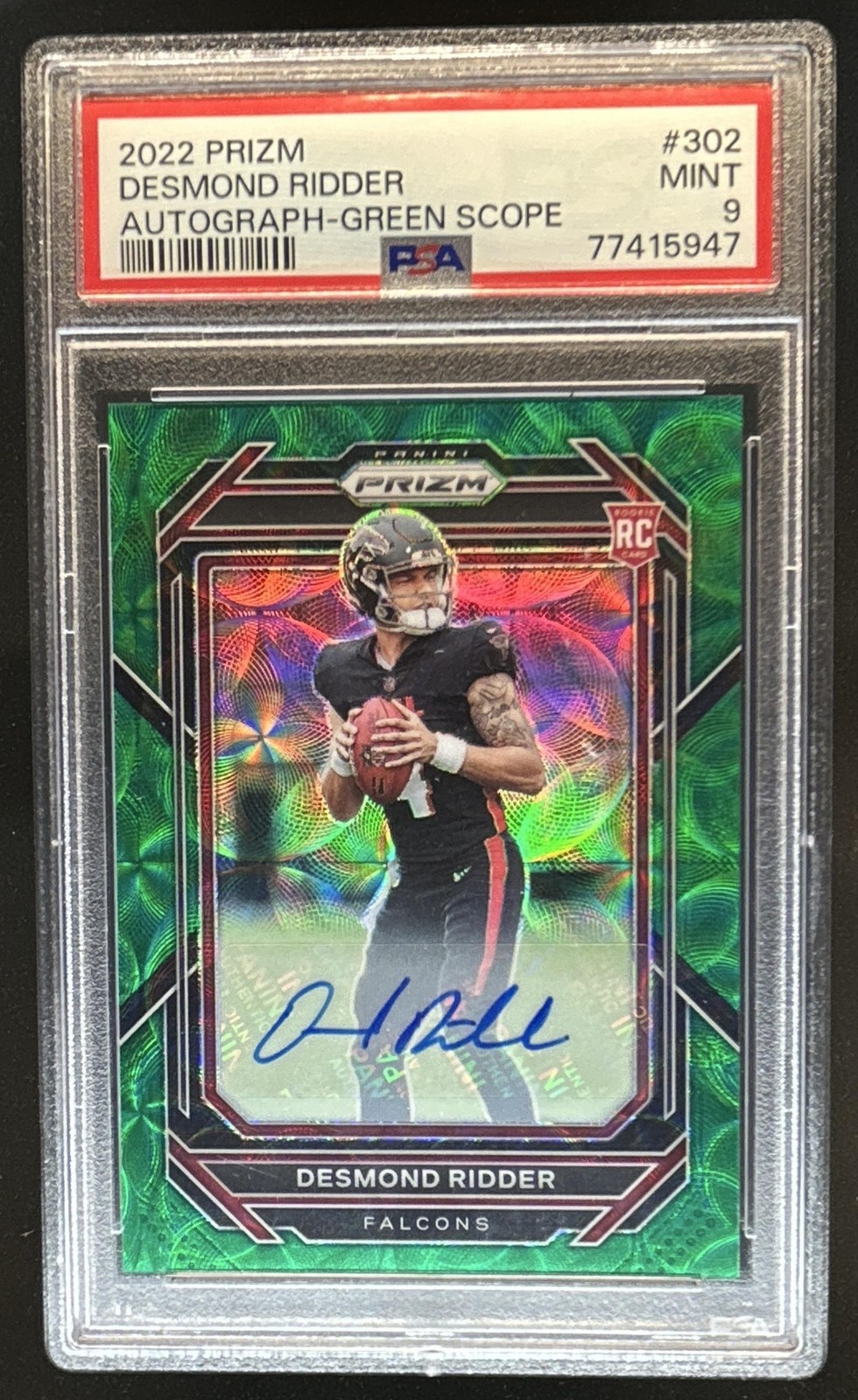 2022 Panini Prizm Desmond Ridder Rookie Auto RC Green Scope #/75 Falcons PSA 9 view 1
