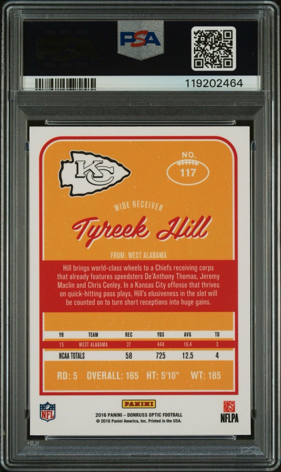 2016 Donruss Optic Tyreek Hill Rookie RC #117 PSA 9 Mint Chiefs Dolphins Cheetah view 2