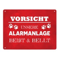 Vorsicht Unsere Alarmanlage BeißT & Bellt Metallschild XL In 21X28 Cm In Rot