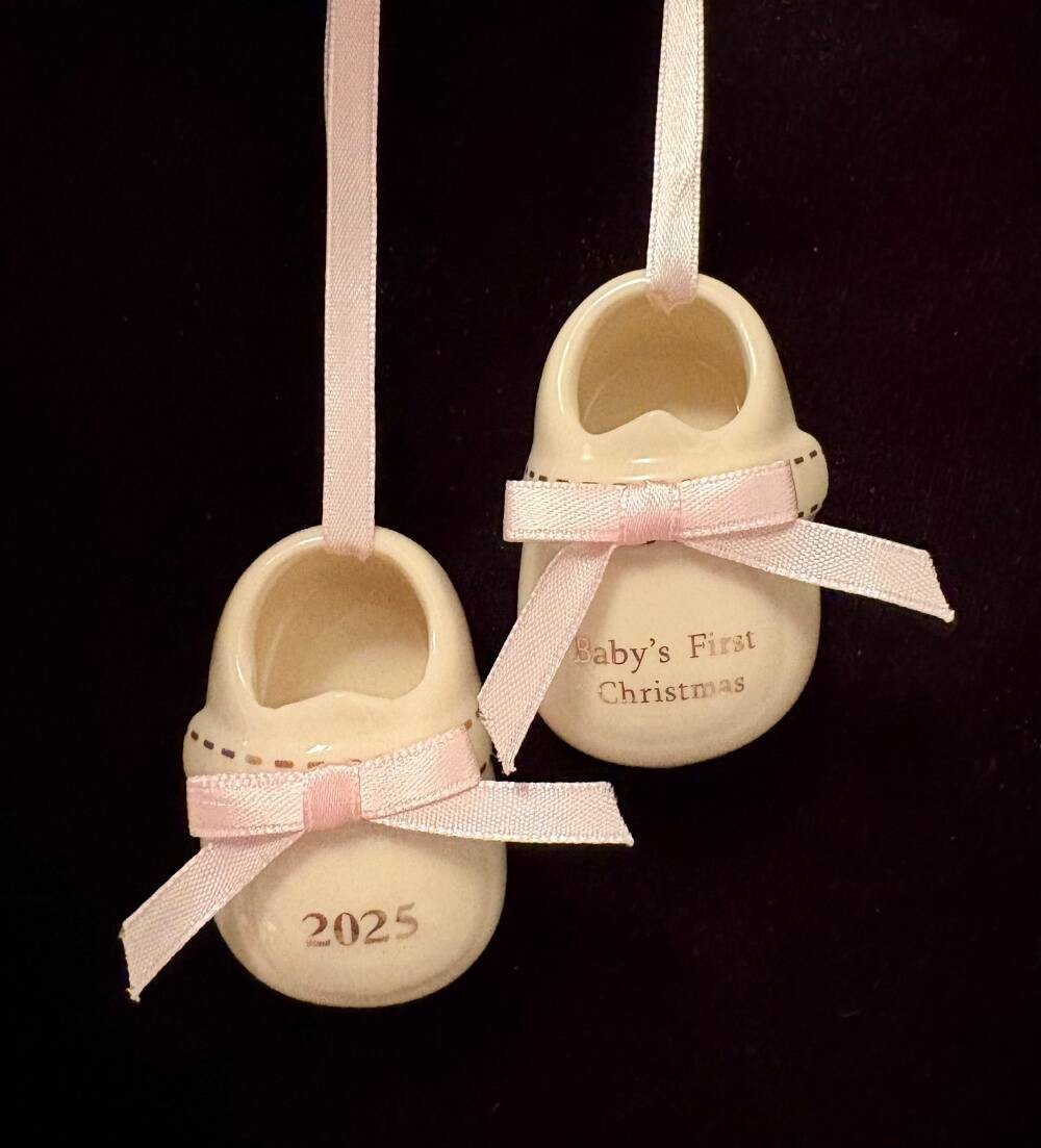 2025 BABY'S 1ST CHRISTMAS GIRL ORNAMENT~CERAMIC BABY SHOES~BOOTIES~NWT