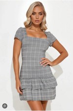 Fashion Nova Dress Womens Medium Plaid Preppy  Zip Up Work Gray Ruffle Flare