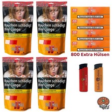 Pall Mall Allround Tabak Beutel 4x 120g + 800 Xtra Hülsen, Feuerzeuge