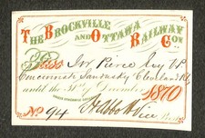 Brockville & Ottawa Railway Co. - Railroad Annual Pass - 1870
