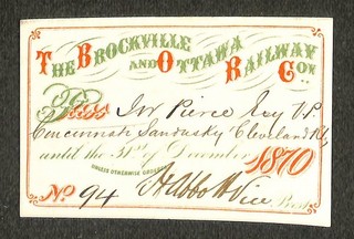 Brockville & Ottawa Railway Co. Railroad Annual Pass 1870