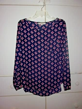 Ann Taylor Loft navy ~ floral long sleeve high low front pocket top small