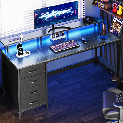 55'' Gaming Desk with LED Lights, Power Outlets & 4 Drawers for Home Office