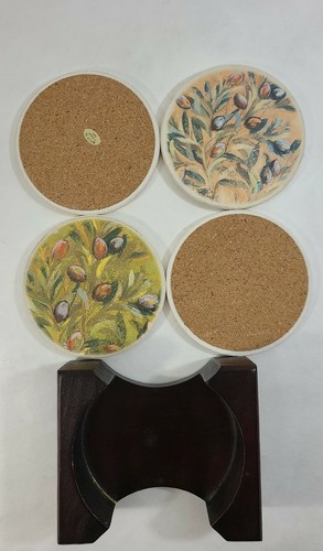 F. Van Art Set of 4 Table Coasters Plant Floral Artwork with Wood Holder - Foto 3 di 6
