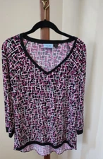 Cynthia Rowley  Knit Top Tunic Black White Pink   Sz M  V Neck Long Sleeve