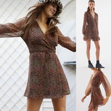 Urban Outfitters Bleaker Floral LS Wrap Dress Wm Sm Sheer Sleeves Lined Body