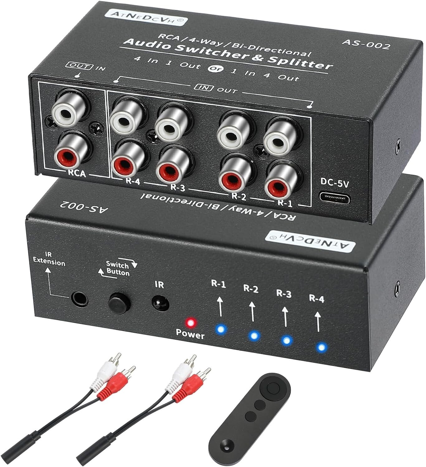 Aluminum RCA 4-Way Audio Switcher Package - Remote Control & Cables Enclosed