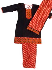 Cotton Embroidered Black Kurta Salwar Red Block Printed in Natural Dyes Medium
