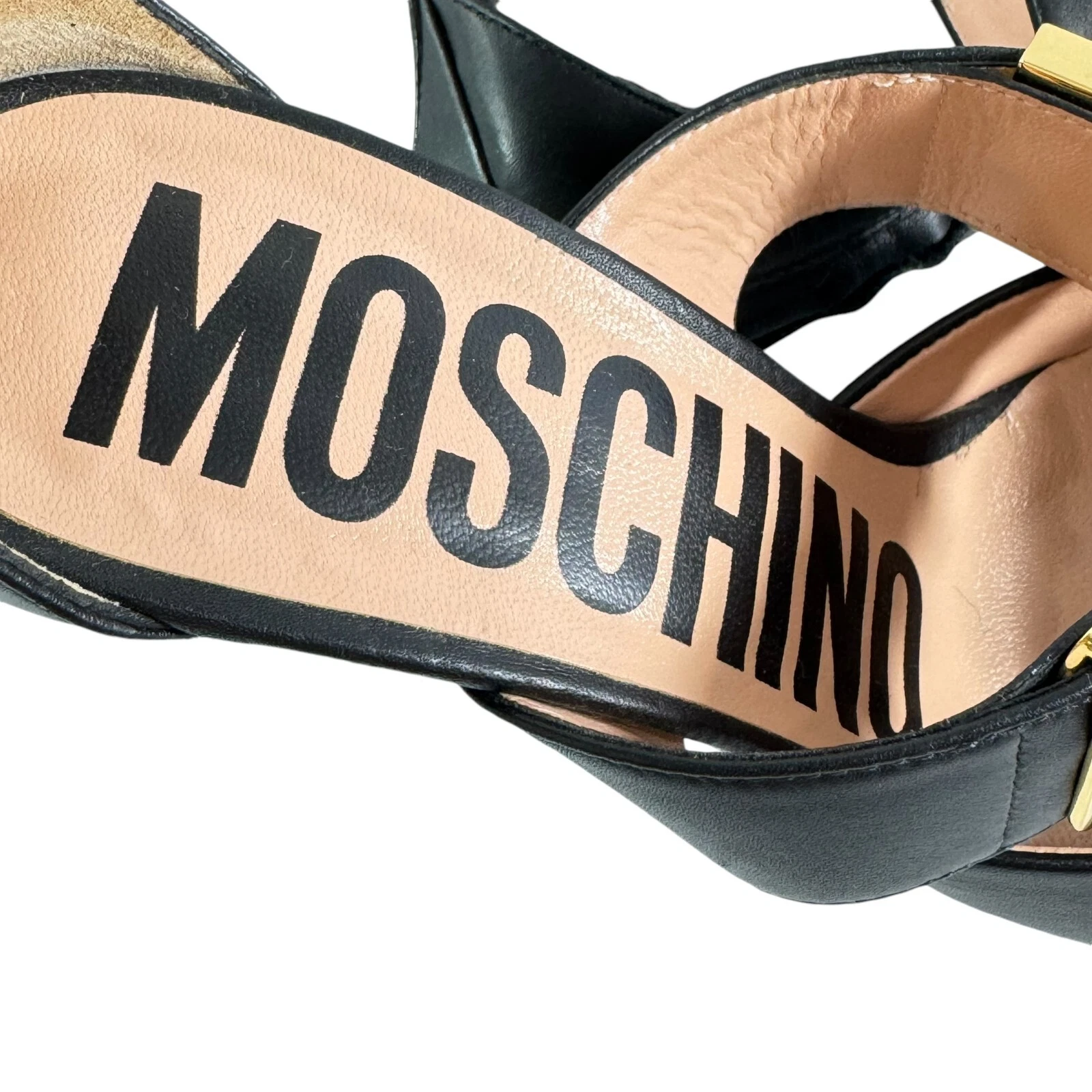 $890 MOSCHINO Milano sandali neri in pelle con logo lettera cinturino Italia 36 6US