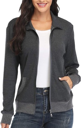 Women's Zip up Sweatshirt Jacket Stand Collar Large, Long Sleeves - Dark Grey