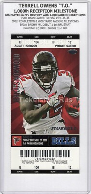 Terrell Owens 1000th RECEPTION MILESTONE 2009 Falcons Bills 12/27 Full Ticket