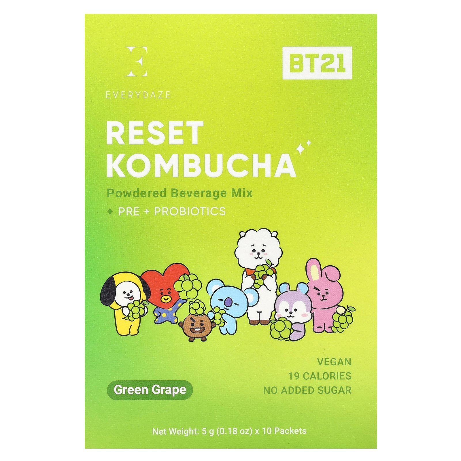 Чайный гриб Ресет, порошкообразная смесь для напитков, Зеленый виноград, 10 пакетиков, 0,18 унции (5 г)