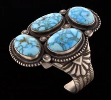 Natural Kingman Water Web Turquoise 4-Stone Bracelet By Calvin Martinez