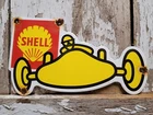 VINTAGE SHELL PORCELAIN SIGN OLD GASOLINE MOTOR OIL SPORT RACE CAR ENGINE DIECUT