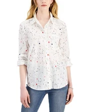 Style & Co Relaxed-Fit Button-Front Shirt Large, White Combo