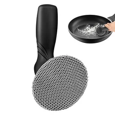 Cast Iron Skillet Cleaner, Chainmail Scrubber with Long Handle for Grill Pan