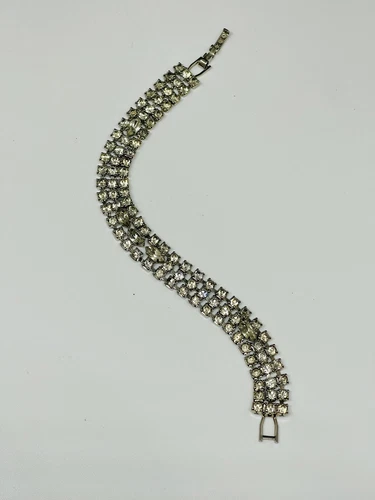 Vintage Costume Jewelry Bracelet Clear Rhinestones Triple Strand Elegant Jewelry