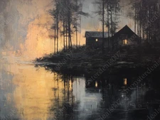 Haunted Cabin in Woods Wall Art Print – Creepy Forest Lake at Dusk Gothic Poster