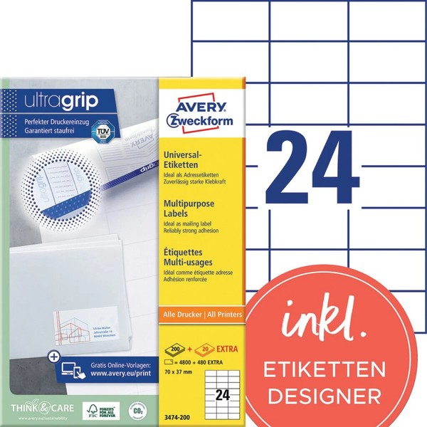 Avery Zweckform Universal-Etiketten, 70 X 37 Mm, Weiß 1 Bis 12 Stk Spare Bis 12%-image