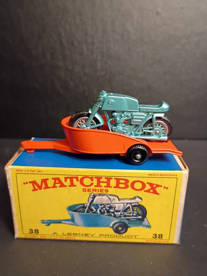 Matchbox #38C Honda мотоцикл и прицеп 1967 синий зеленый/оранжевый Trl оригинал E4 коробка - Изображение 3 из 4