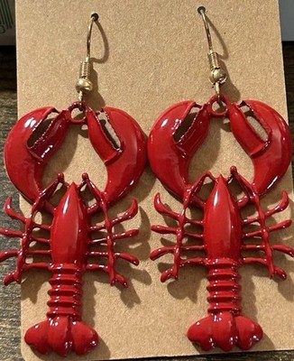 Red Painted Enamel Lobster Hook Dangle Earrings Beach