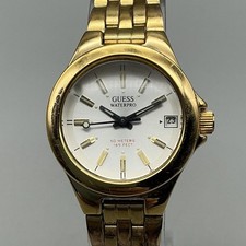 Vintage Guess Waterpro Womens Watch 26mm Gold Tone Date New Battery 6.75"