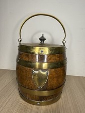 Wood Brass Banded Biscuit Barrel Keg Ceramic Lined Antique Circa 1920s Ice Home