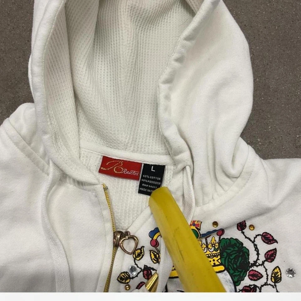 Y2K белый красный Fox Ed Hardy стиль молнии толстовка с капюшоном череп толпа роза женщин размер большой - Изображение 3 из 4