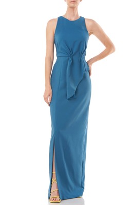 Kay Unger 5517469 Megan Jewel Neck Stretch Gown SZ 14 Baltic Blue $298