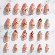 24Pcs Long Press on Nails Almond - Elegant French Tip Fake Nails with Hawaii ...