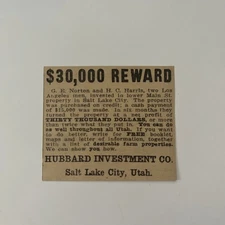 Hubbard Investment Co G.E Norton & H.C. Harris Salt Lake City UT 1911 Ad SAG9-H6