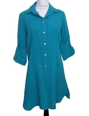 Linen Short Dress Tunic Teal Button Front 3/4 Sleeve Coastal Medium