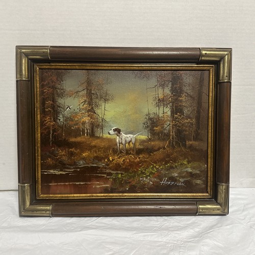 Vintage English Pointer Dog Hunting Pheasant Woods Large Oil Painting by Hoffman