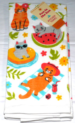 NEW Mainstream 2 Pk Velour Terrycloth Kitchen Towels Summer Beach Cats Kittens
