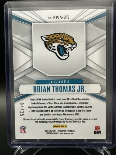 BRIAN THOMAS JR. 2024 PANINI PHOENIX ROOKIE PHENOM GREEN RPA RC PATCH AUTO 04/25 - Picture 2 of 4