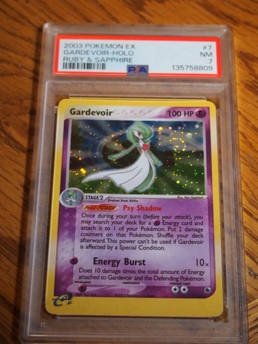 Pokemon 2003 Ruby Sapphire Gardevoir holo card with swirl, PSA 7