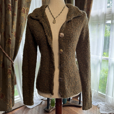 Oona Wool Chunky-Knit Heathered Brown Green Cardigan Collared Button-Front S