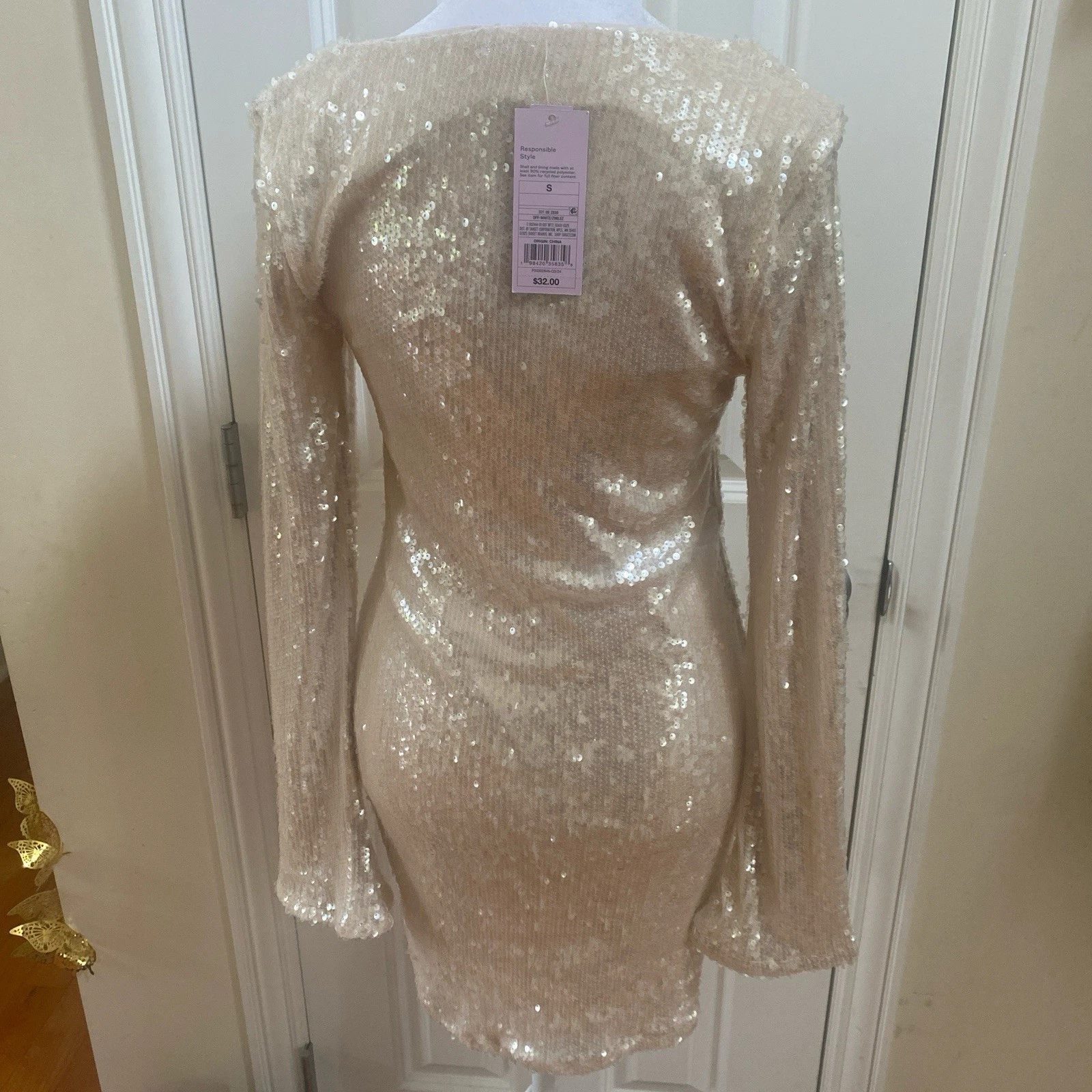 OFF WHITE Wild Fable abito donna bianco sporco manica lunga mini paillettes taglia small