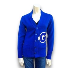 Vintage 70s Varsity Cheerleader Letter G Cobalt Blue Cardigan Sweater