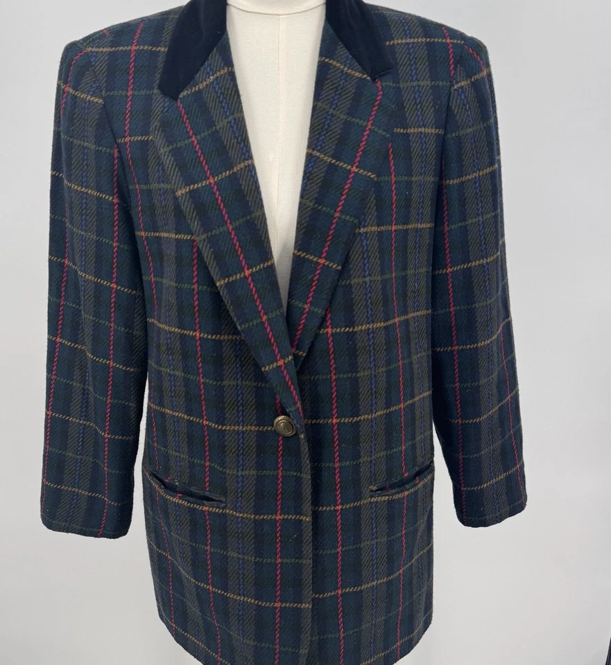 Blazer Abrigo Academia Preppy Vintage a Cuadros Vacaciones Mezcla Lana Talla 10 Foto 3 de 4