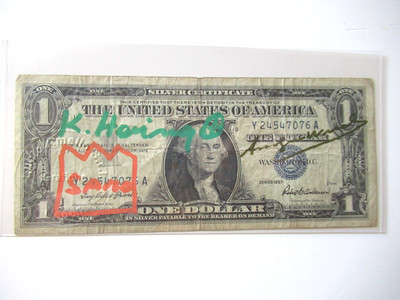 C) A. WARHOL/K. HARING/J. M.BASQUIAT: 1$ BANKNOTE 4x SIGNIERT, USPS 15.FEB 1977!