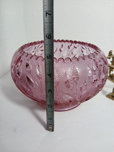 FENTON Art Glass Purple Diamond Carved Florals Leaves Bowl Vase Brass Stand - Picture 16 of 20