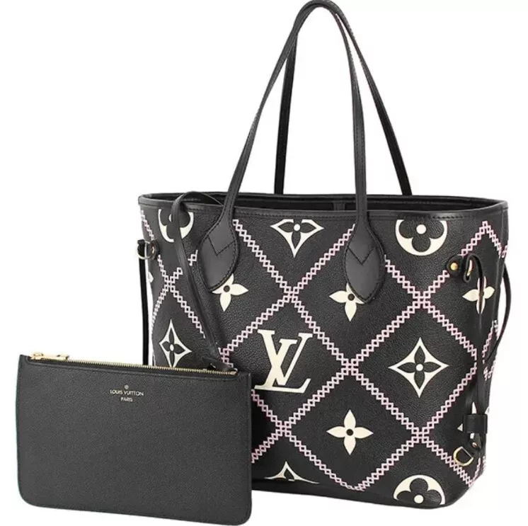 🍀LOUIS VUITTON Neverfull MM Empreinte Leather Black Creme Giant Logo Full  Set